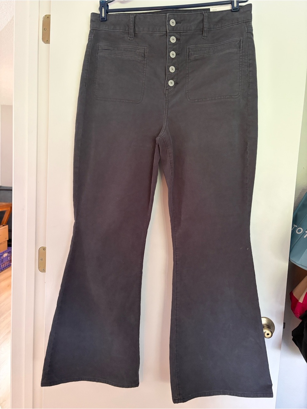 NEW American Eagle Super Hi Rise Flare Exposed Button Fly Gray Corduroy Jeans